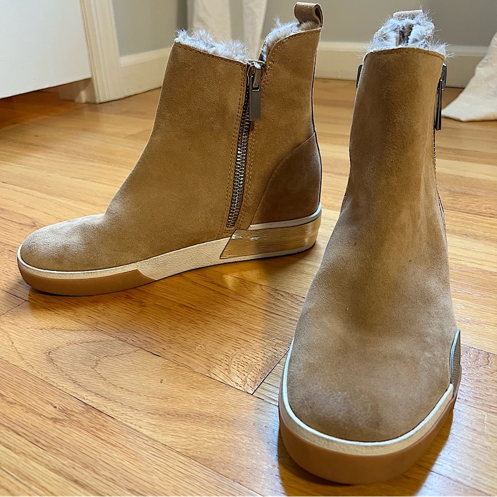 Suede Wedge Sneaker Bootie with Faux Shearling Lining